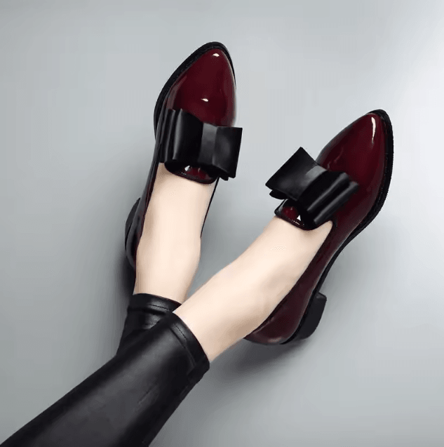 Womens Bow Pointed Toe Loafers – Patent Leather Slip-On Flats for Casual & Office Wear