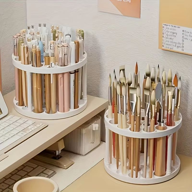 360 Degree Rotating Brush & Accessory Organizer – White Desk Storage