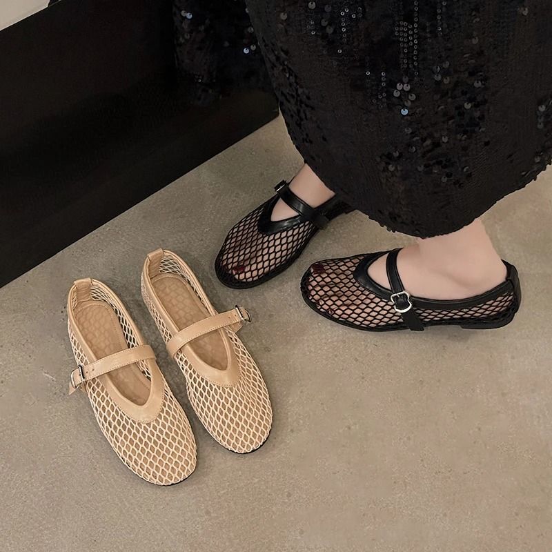 Womens Mary Jane Flats with Cut-Out Design and Buckle Strap