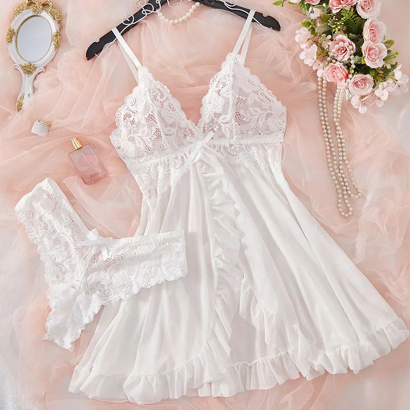 Women Summer Lace Nightgown Set with Suspender Dress and Thong