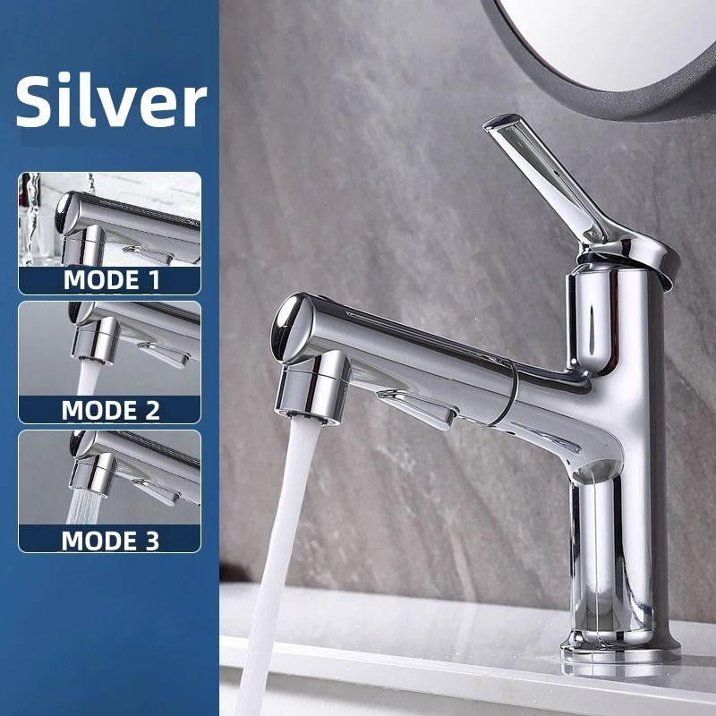 Modern Pull Out Bathroom Sink Faucet with Dual Mode Sprayer