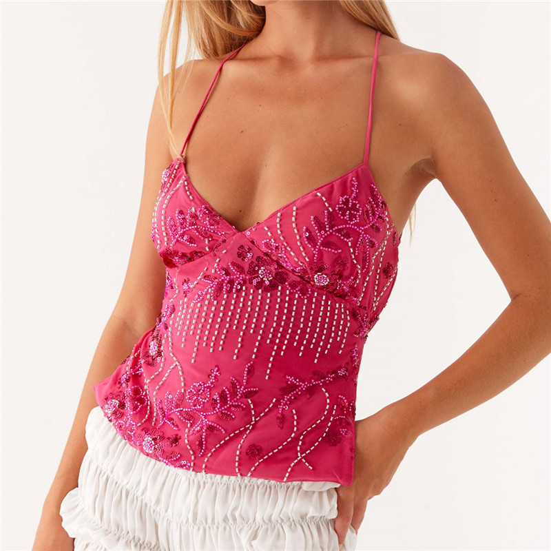 Summer Glitter V Neck Rhinestone Cami Tank, Sequin Halter Crop Tops, Pearl Embellished Summer Top
