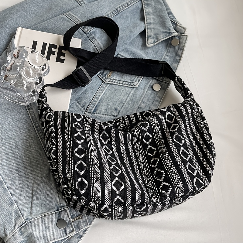Foldable Crossbody with Zipper Closure, Tribal Style Shoulder Bag, Flag Theme, Striped Pattern, Hand Washable