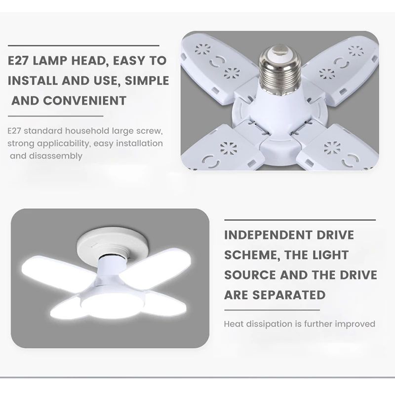 E27 Foldable Fan Blade LED Bulb 28W Deformable Ceiling Light 6500K Super Bright Garage & Warehouse Lamp