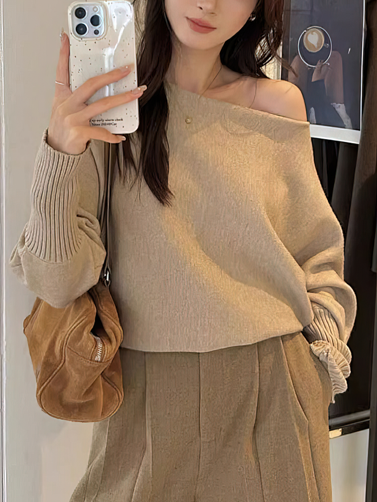 Korean Fashion Sweater, Thick Off Shoulder Top, Loose Casual Autumn Outwear Pull