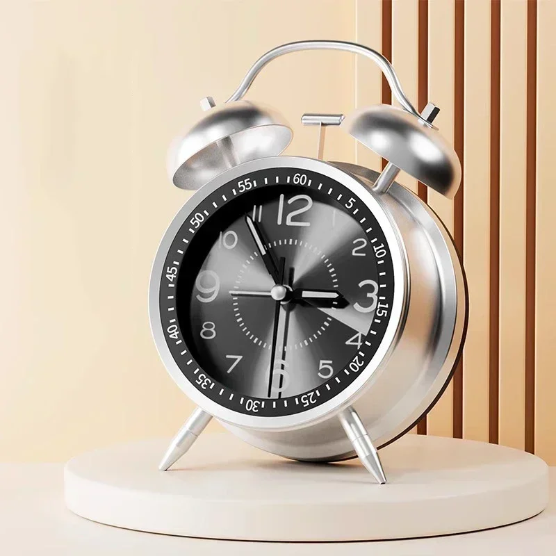 Twin Bell Loud Alarm Clock with Metal Frame and 3D Dial, Battery Operated Desk Table Clock with Backlight