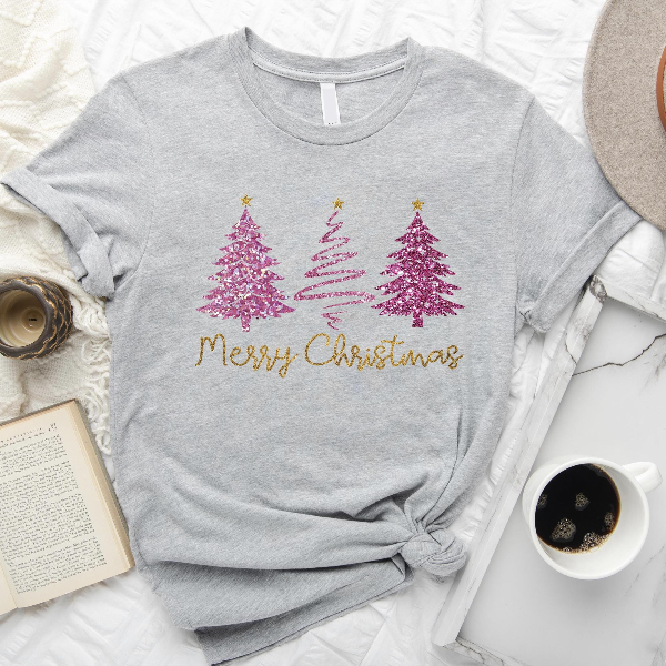 Faux Glitter Merry Christmas Tree Sweatshirt | Pink Sparkly Xmas Crewneck Women Aesthetic Holiday Pullover