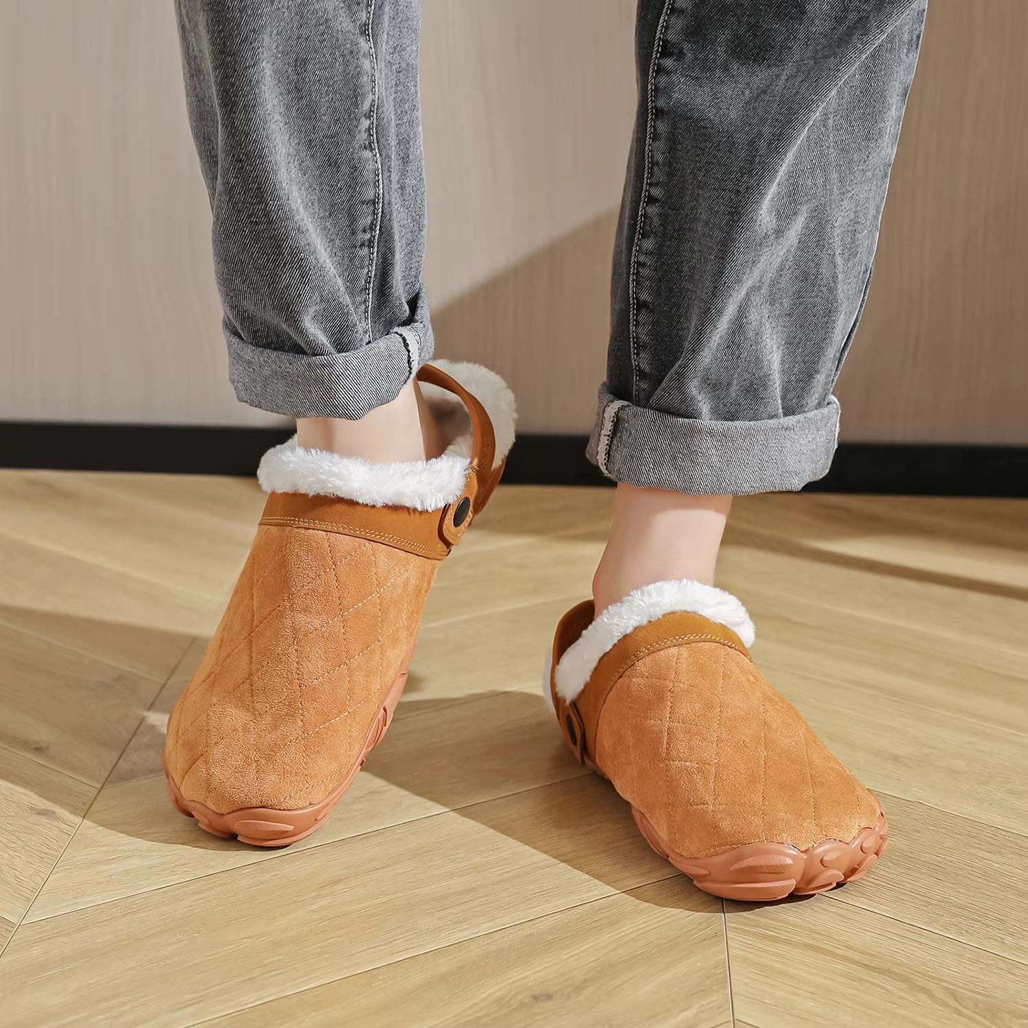 Chamois Leather Wide Toe Slippers Warm Barefoot Indoor House Shoes