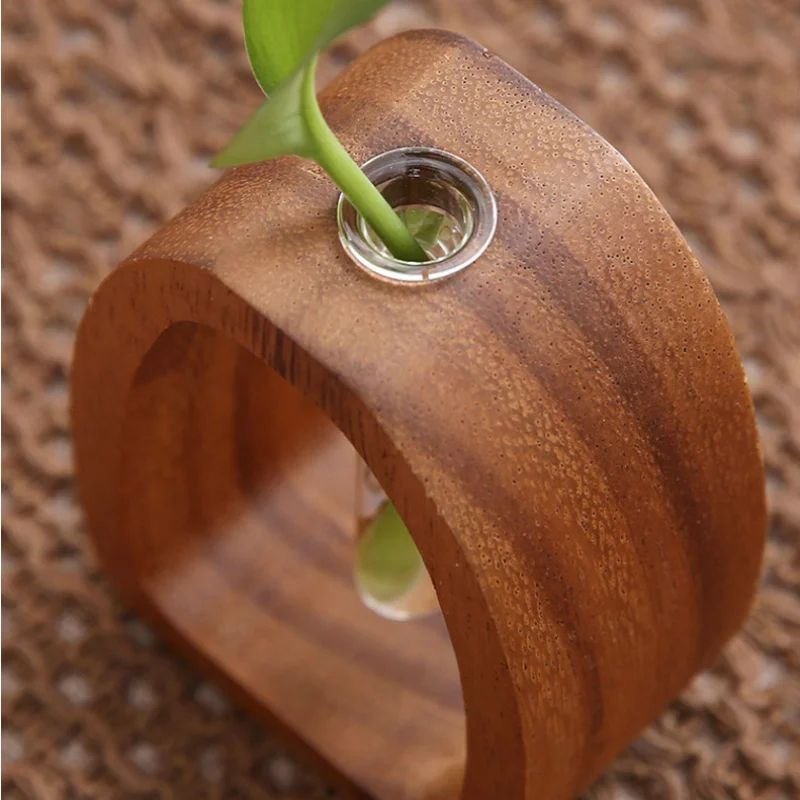 Solid Wood Mini Desktop Flower Vase with Glass Insert (Minimal Single Stem Bud Vase)