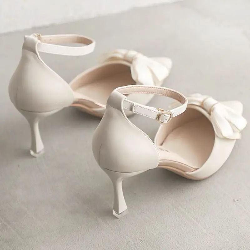 Elegant White Pointed Toe Butterfly Heels Medium Stiletto Wedding Pumps