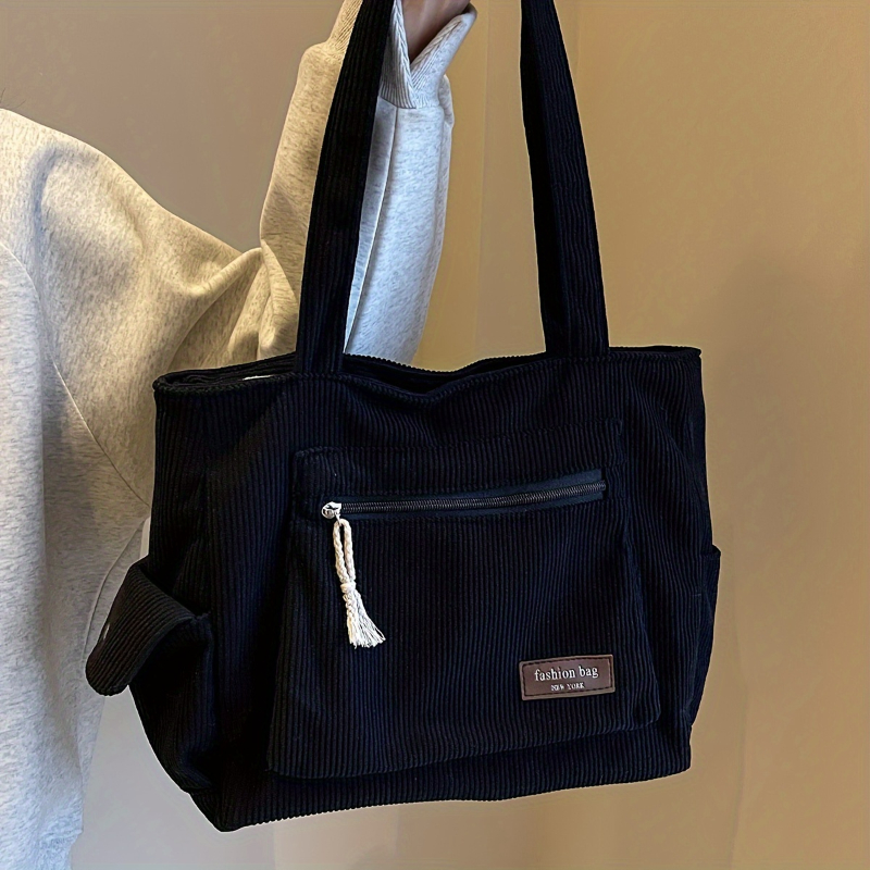 Retro Corduroy Tote Bag Stylish Solid Color Shoulder Bag with Multi Pockets for School Work and Shopping
