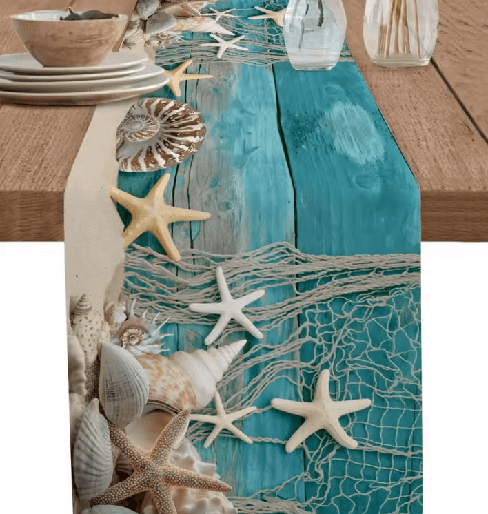 Coastal Starfish Linen Table Runner – Blue Ocean Beach Dining Decor