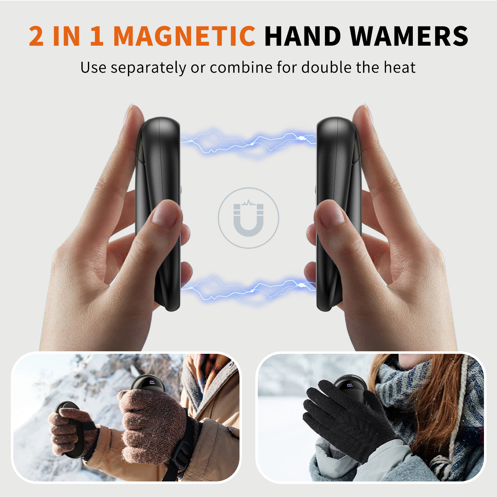 Rechargeable Hand Warmers, 2 Pack with Magnetic Electric Display - Portable Pocket Hand Warmer