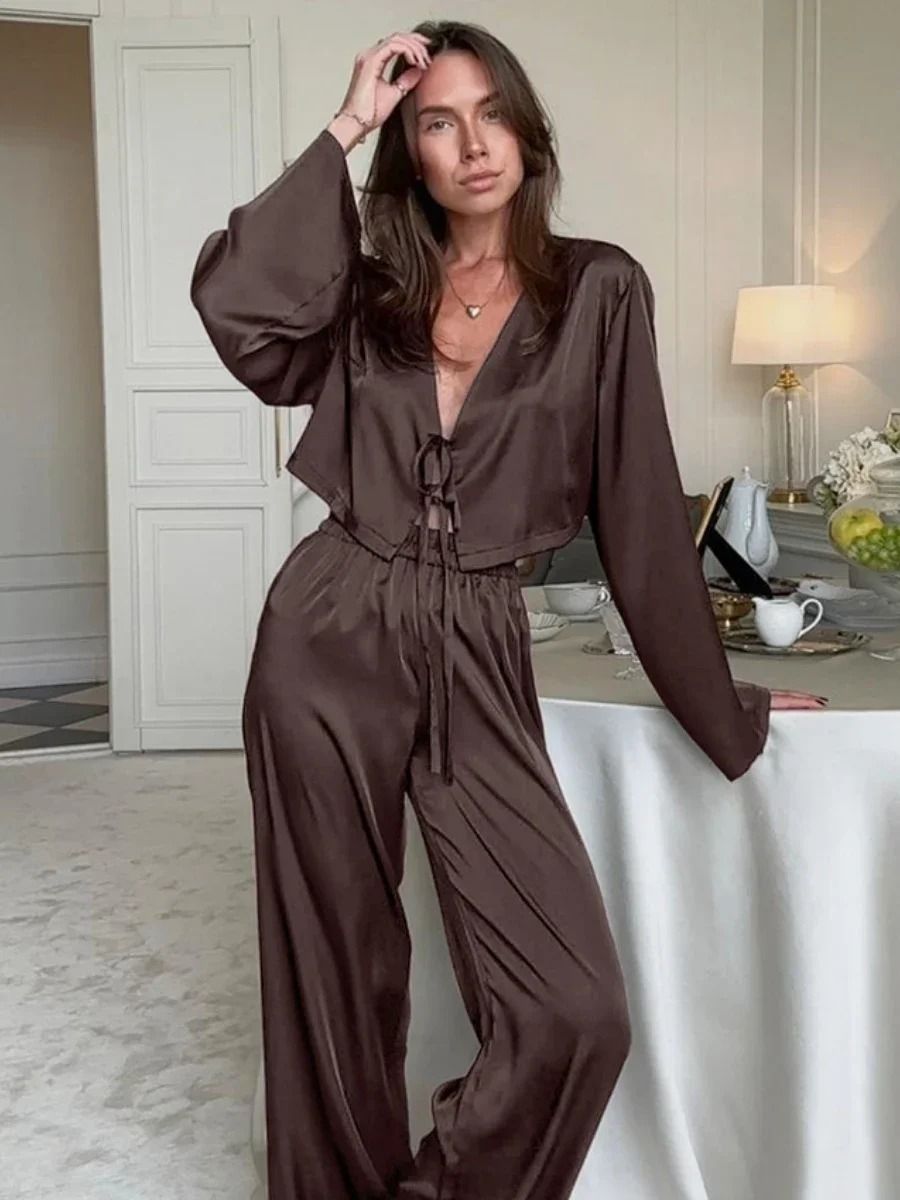 Blubelle Silk-Style Cardigan Pajama Set – Loose Long Sleeve Home Clothing