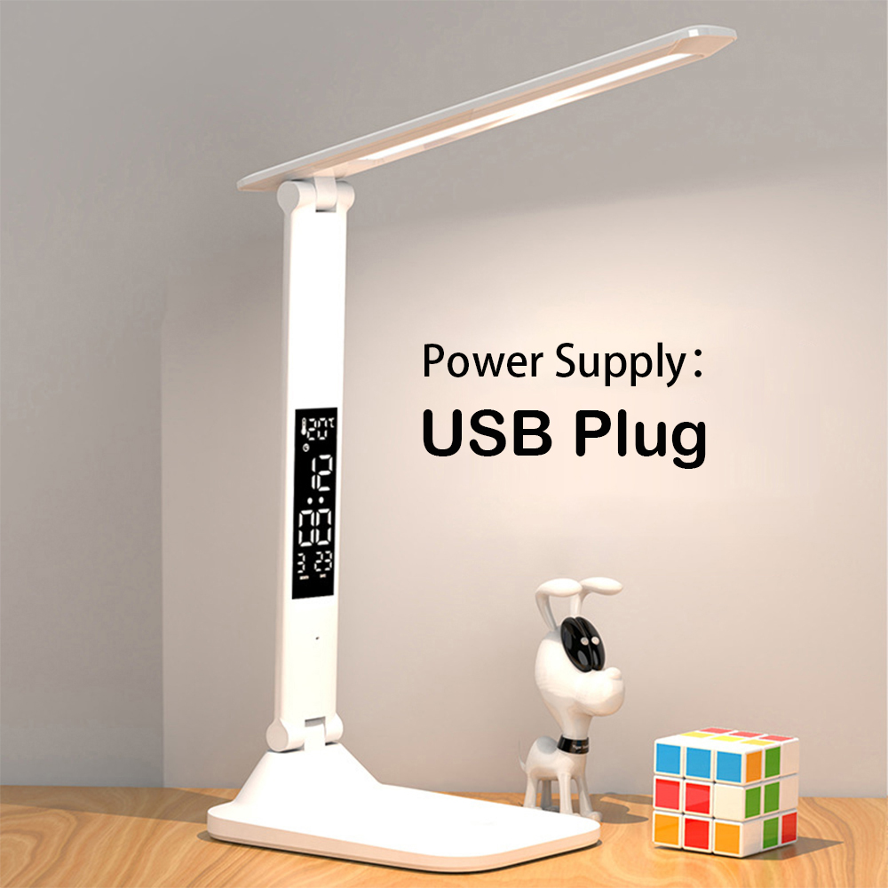 USB C Rechargeable Desk Lamp, Touch Dimmable LED Eye Protection Light, with Alarm Clock, Thermometer