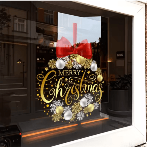 Christmas Wreath Window Sticker – Golden Snowflake & Red Bow Static Cling Glass Decal