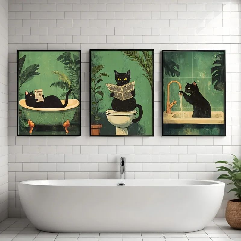Funny Black Cat Bathroom Wall Art Set