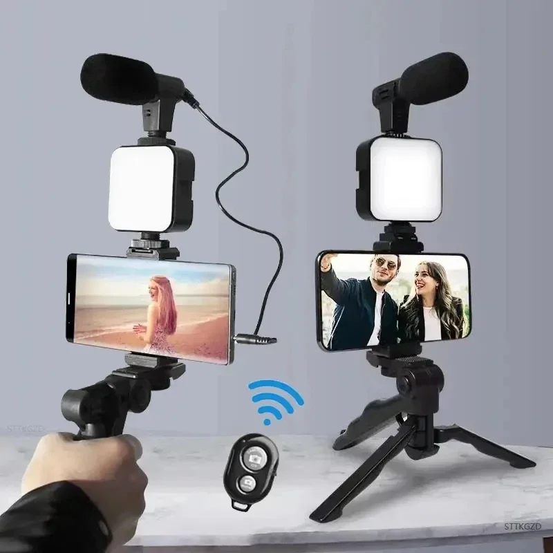 Vlogging Kit for Smartphone, LED Light, Mini Microphone, Adjustable Tripod Phone Holder, Starter Set for Live Streaming