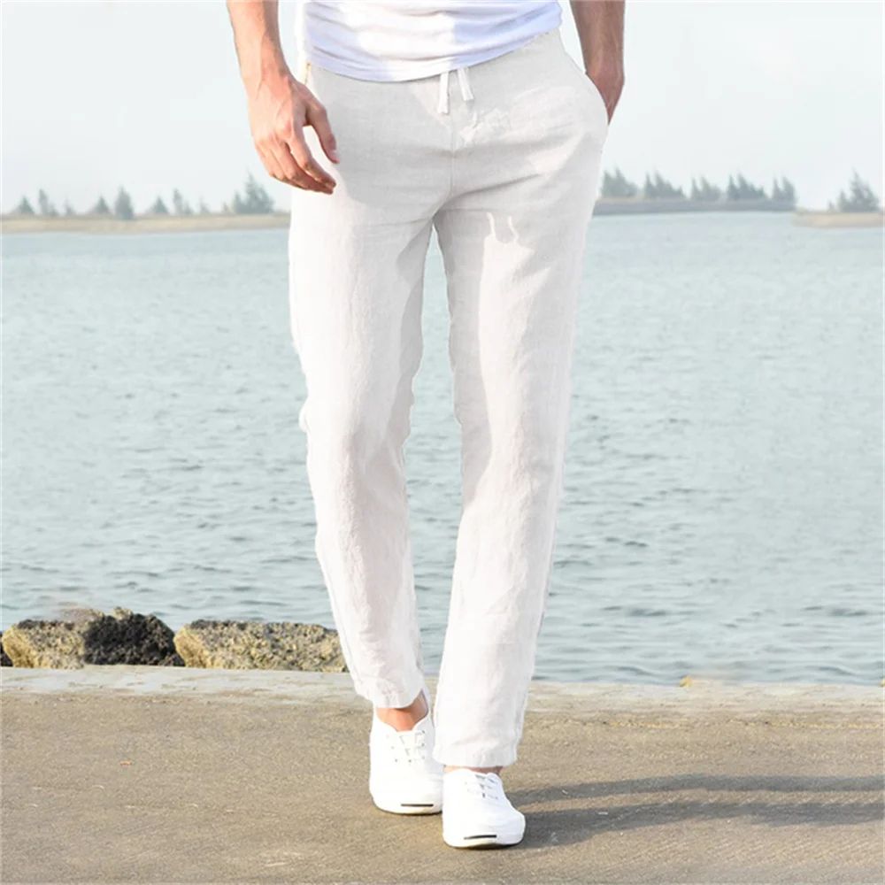 Men's Cotton Linen Breathable Straight-Leg Pants – Casual Elastic Waist Ankle-Length Streetwear Trousers
