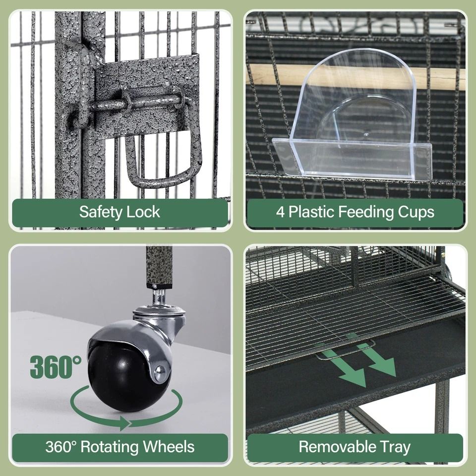 Large Parrot Cage with Rolling Stand Locking Doors Spacious Macaw Bird Cage Heavy Duty
