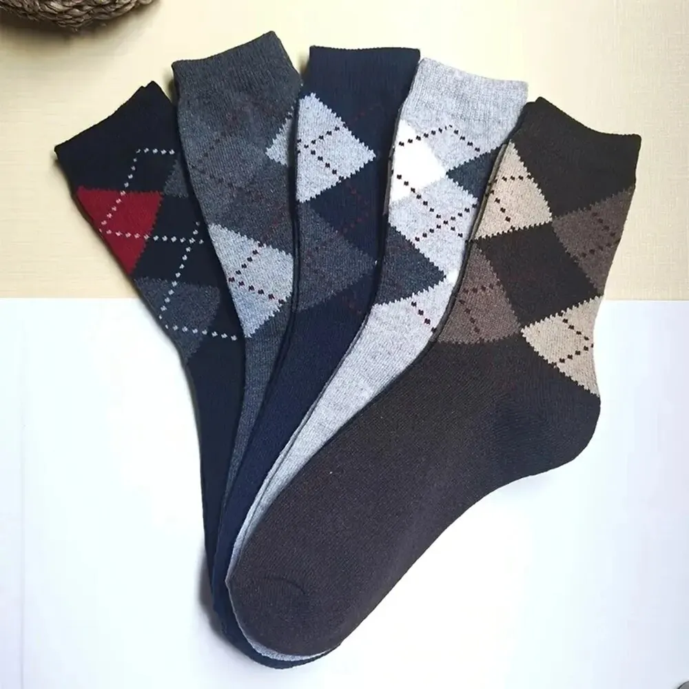 Men's Splicing Diamond Wool Socks Warm Winter Mid-Length Cold-Resistant Boot Socks