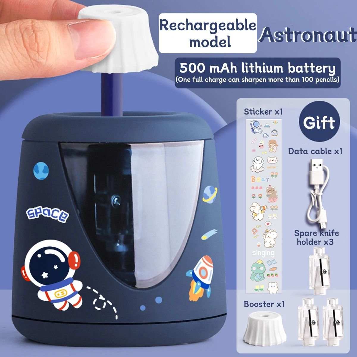 Electric Automatic Pencil Sharpener Cartoon Space Design Kids School and Office Stationery