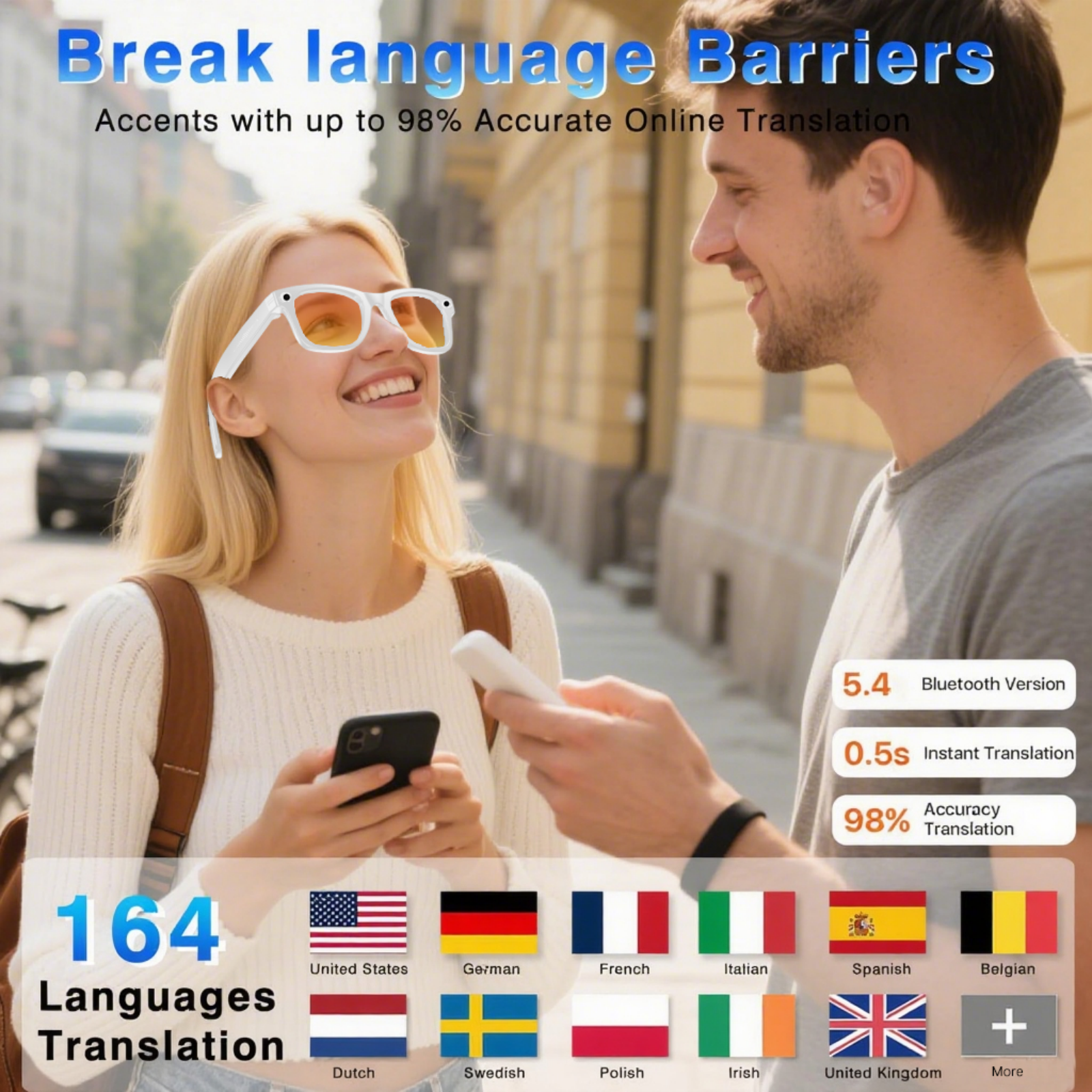 Smart Glasses 4K HD, BT WIFI Camera, Simultaneous Interpretation, Object Recognition, Voice Assistant, Call, 270mAh