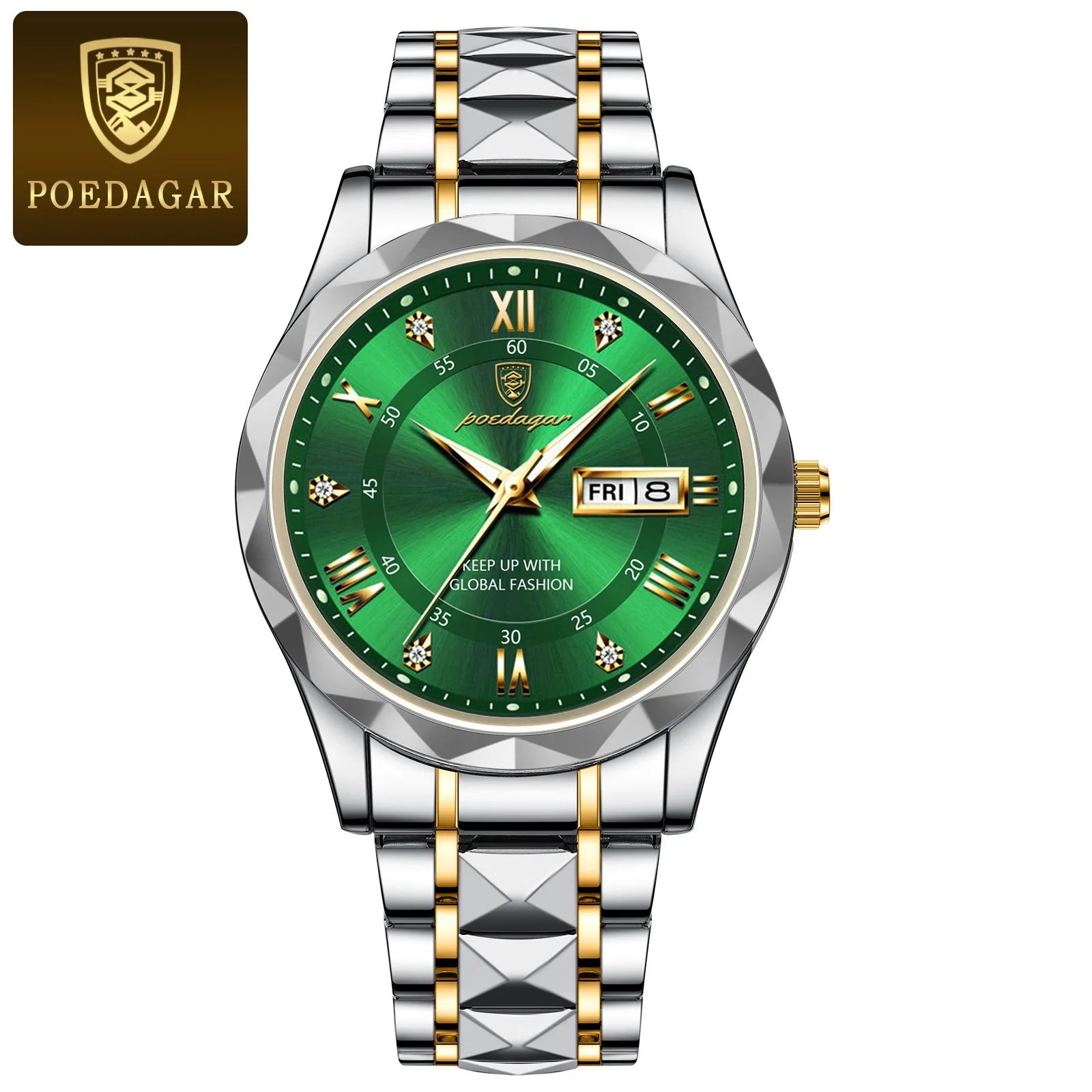 POEDAGAR 615 Luxury Waterproof Stainless Steel Men's Quartz Watch with Luminous Date & Week Display