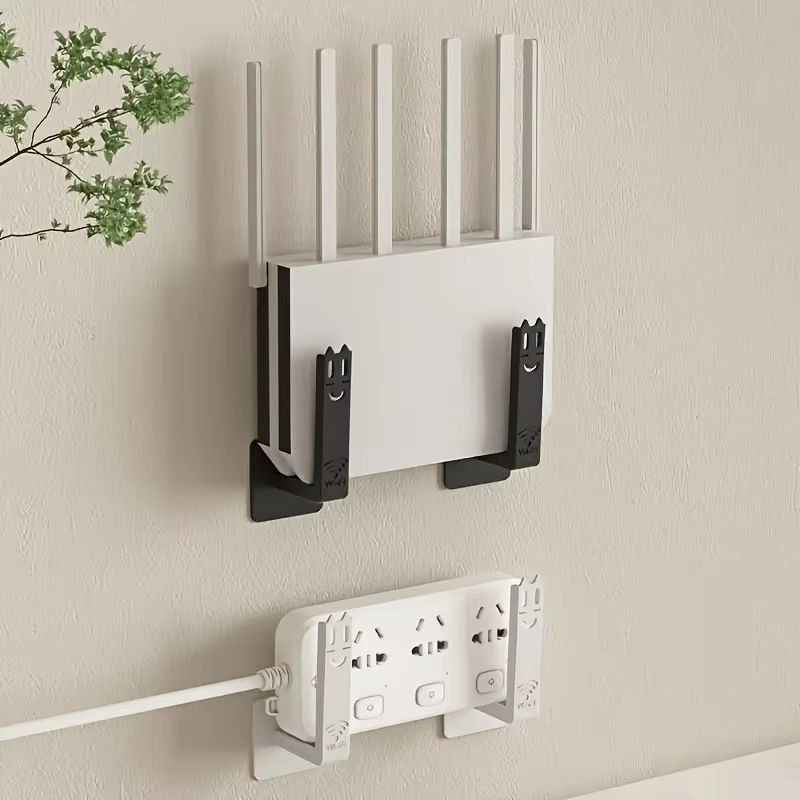 2pcs no drill router shelf Wall Mounted Set Top Box Holder with Hooks, Ventilated Metal Organizer Rack