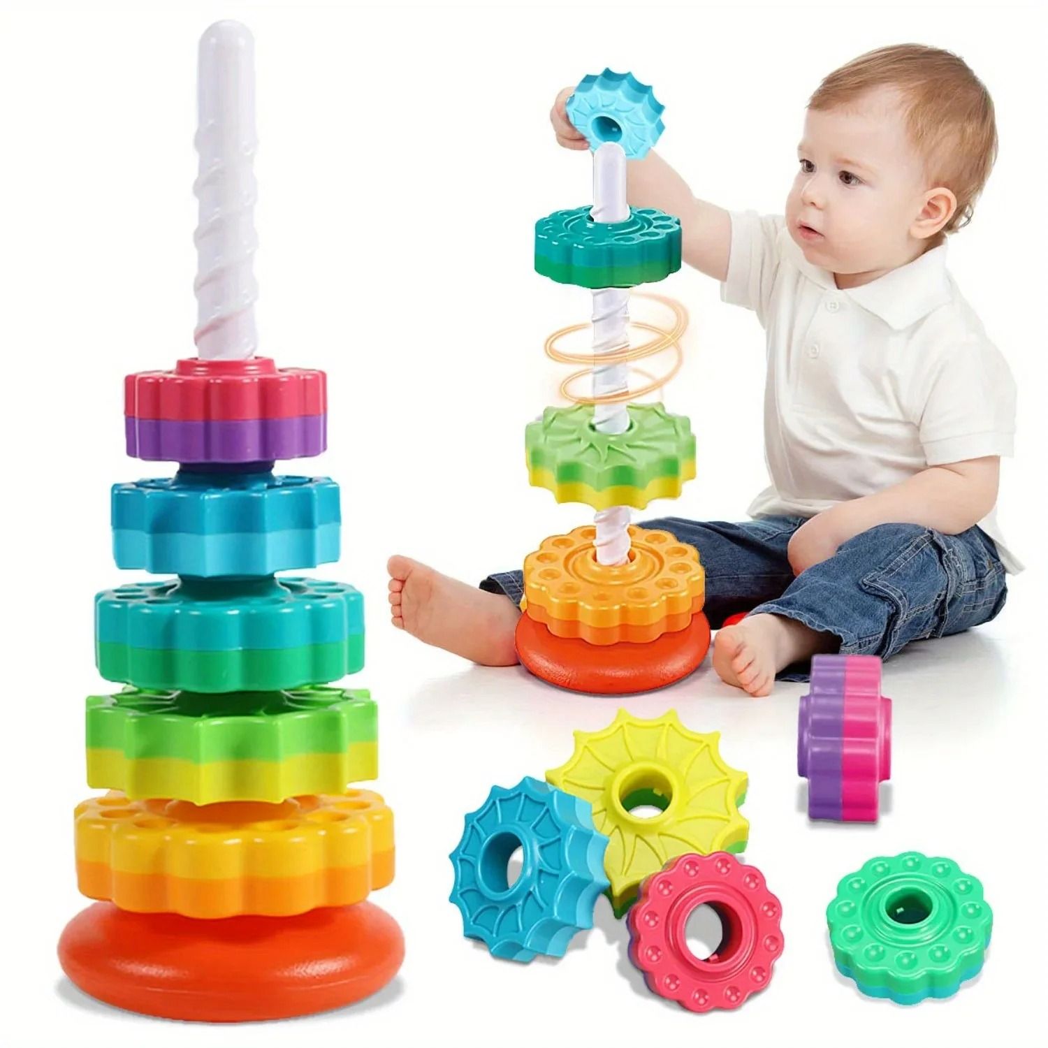 Rotating Rainbow Stack Tower Educational Puzzle Toy for Toddlers