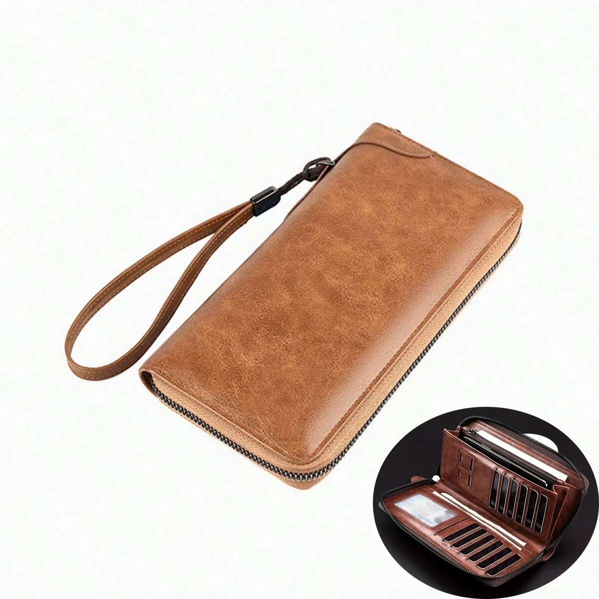 Mens Long Zipper Wallet with RFID Blocking and PU Leather Design