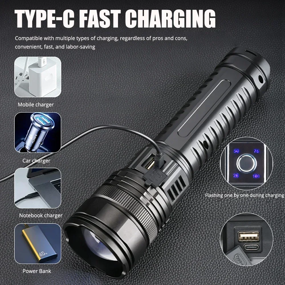 Ultra Bright LED Tactical Flashlight with Built-in Battery Powerful Emergency Camping Torch & Tail Light