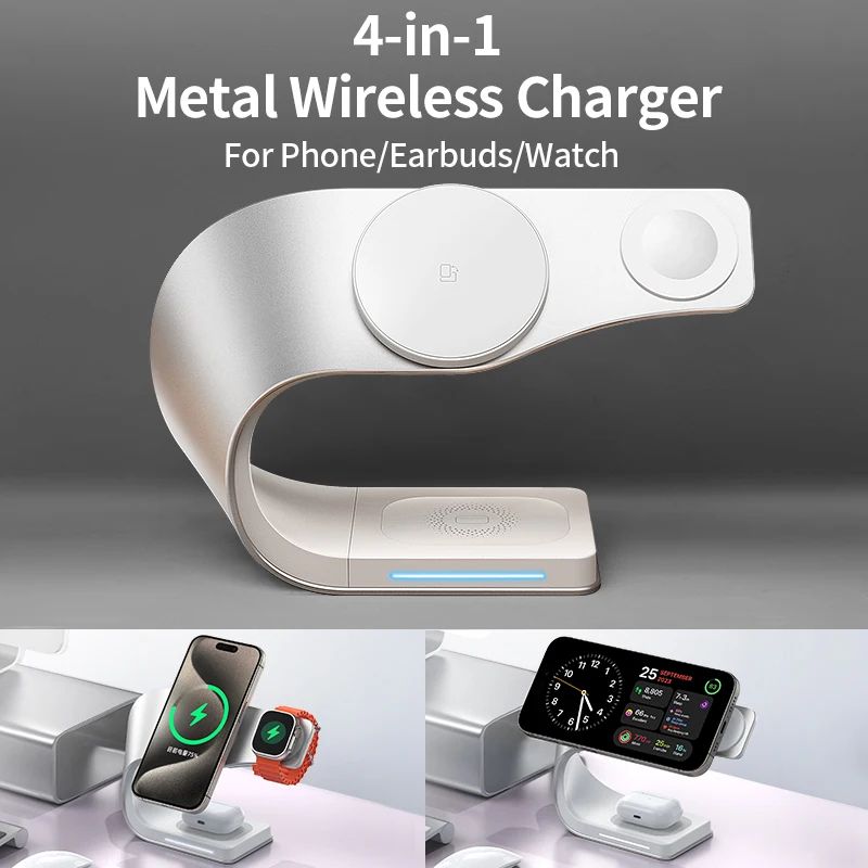 4-in-1 Magnetic Wireless Charging Station 15W Fast Charger Stand for iPhone, AirPods & Apple Watch
