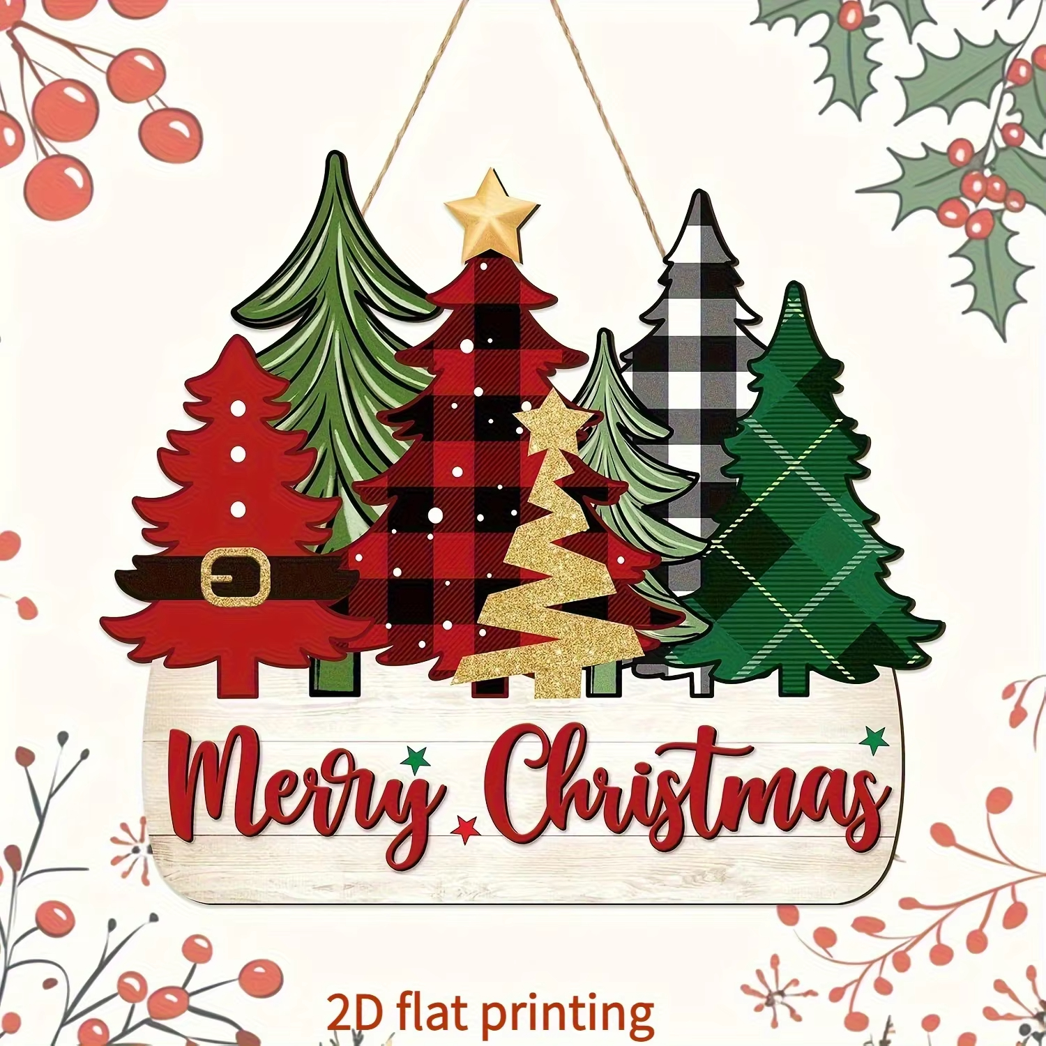 Traditional 2D Flat Print, Wooden Santa Claus Christmas Decoration, Merry Christmas Wall Mounted Holiday Decor