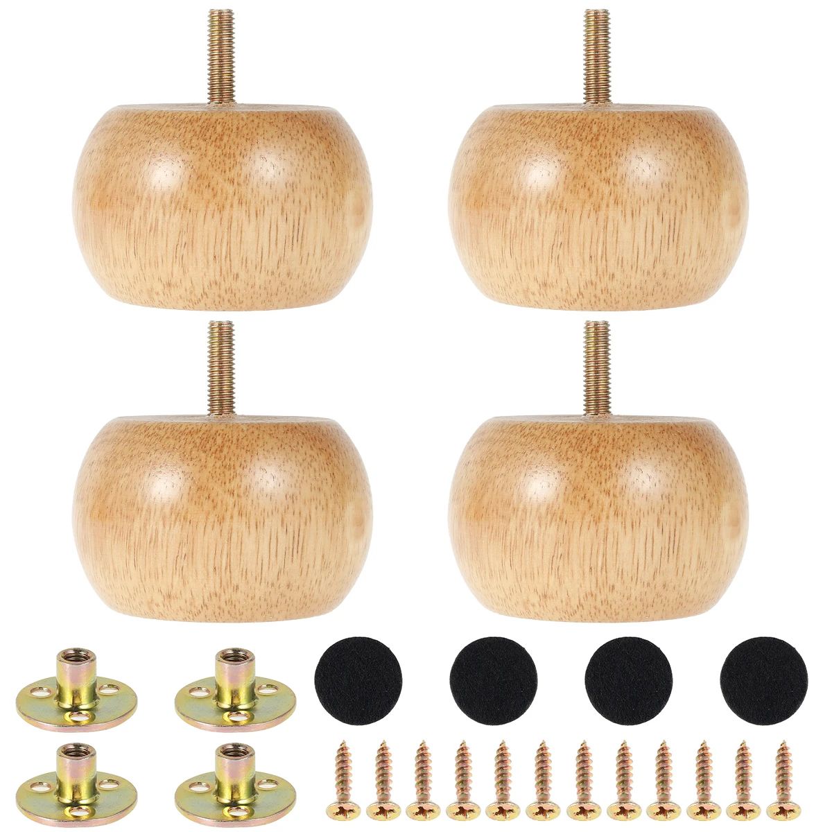 Solid Wood wooden furniture legs Set (4 pcs) Round Bun Style with Screws & Floor Pads