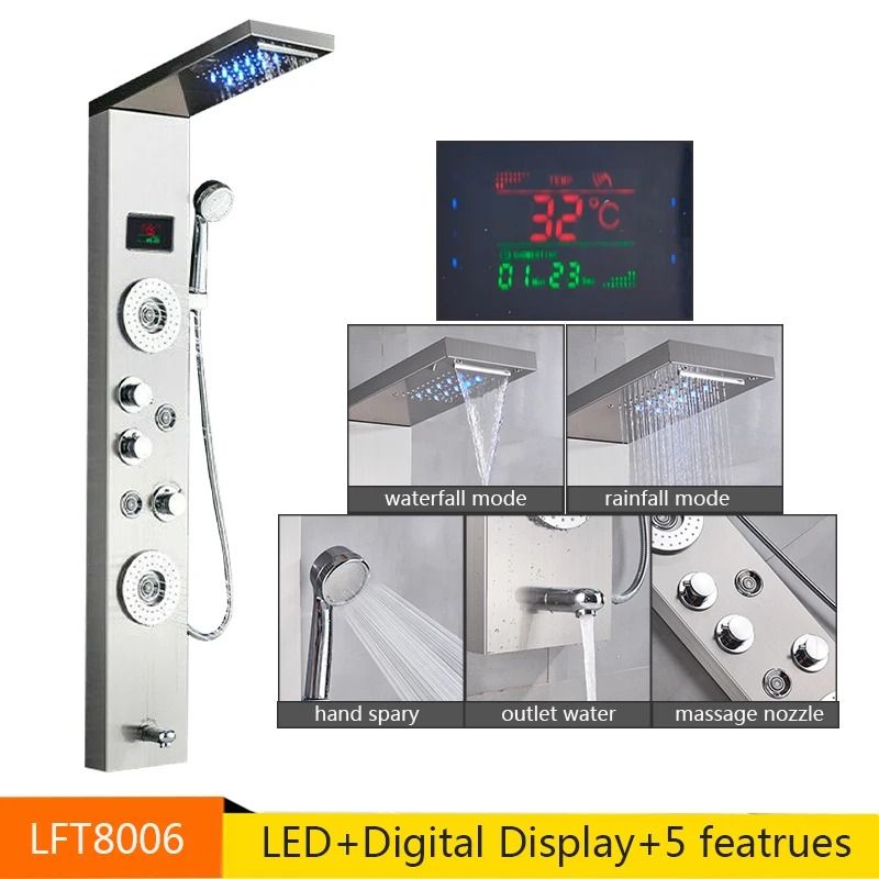 LED Rainfall Shower Panel with Digital Display and Massage Jets