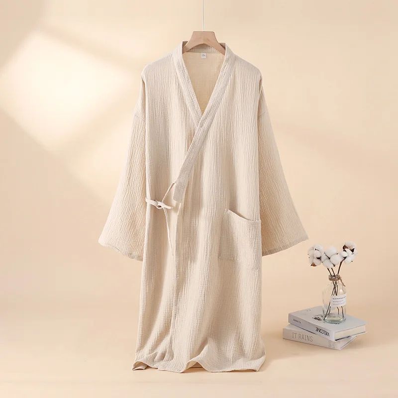 Unisex Cotton Kimono Robe Lightweight Couple Bathrobe Tie Waist Home Lounge Sleepwear