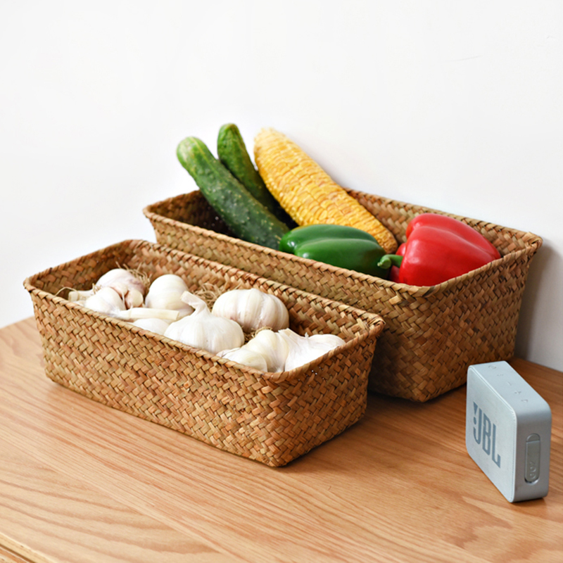 Woven Seagrass Wicker Storage Basket, Rectangular Straw Rattan Basket, Multipurpose Fruit, Cosmetic, Sundries Storage