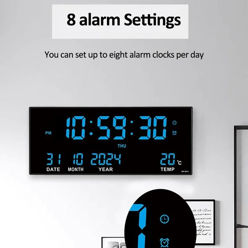 Digital Large Wall Clock Alarm Temperature Date Calendar Display 8 Sets of Alarm Clocks 14'' Electronic LED Clock Plug i