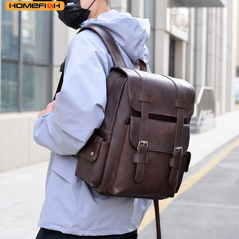 PU Leather Laptop Backpack Large Capacity Travel School Bag