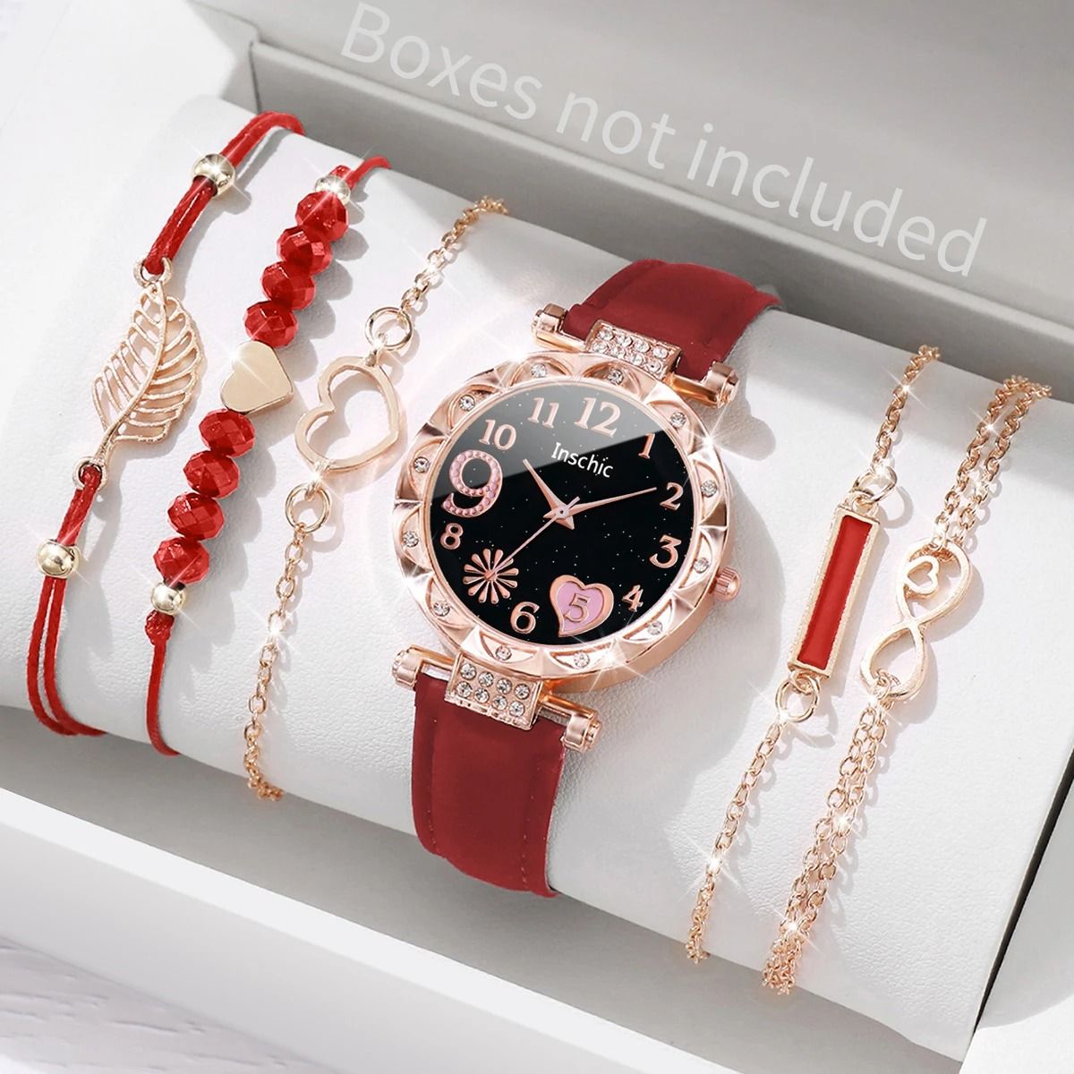 6-Piece Fashion Heart Dial Watch Set – Elegant Leather Band & Leaf Bracelet Collection