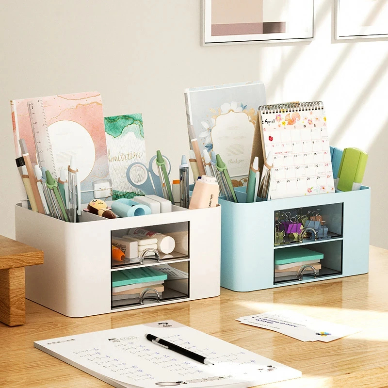 Stationery Storage Box, Desk Office Pen Holder, Drawer Type, Multiple Compartments, Dust Prevention for Student