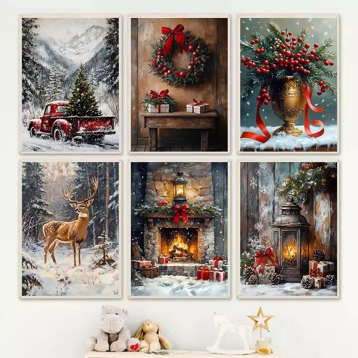 Vintage Red Truck Christmas canvas wall art for Cozy Farmhouse Winter Decor