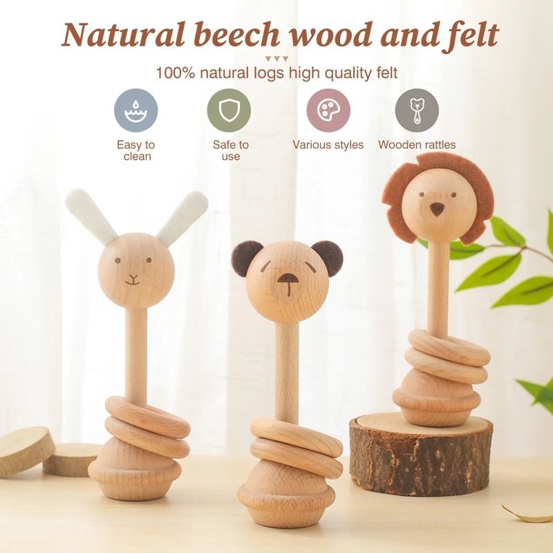 Montessori Wooden Animal Rattle & Teether – Cartoon Rabbit & Crocodile Puzzle Game