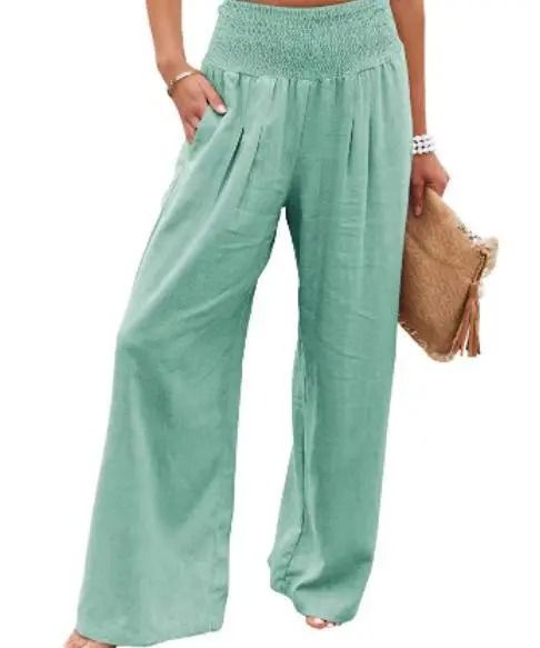 Women Drawstring Wide Leg Casual Pants Mid Waist Beach Trousers
