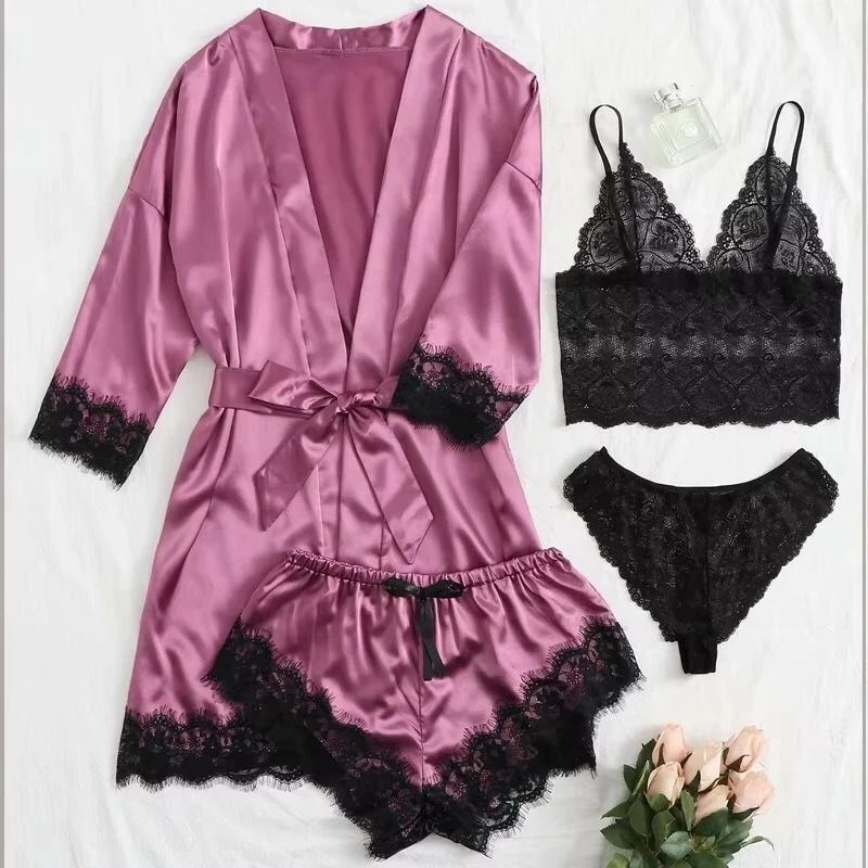 Womens Fashion Print Satin Pajama Set – Sexy Lace Trim Faux Silk Gown & Skin-Friendly Loungewear