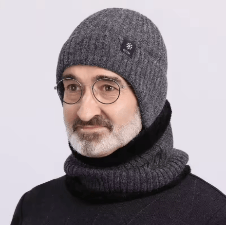 Mens Faux Fur Lined Bomber Hat Winter Knitted Plush Peaked Cap with Earmuffs