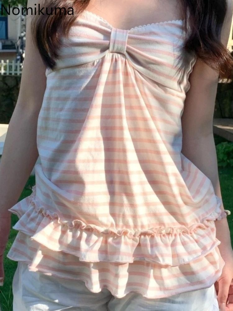 Japanese Sweet Striped Ruffle Tank Top – Vintage Slim Fit Summer Vest