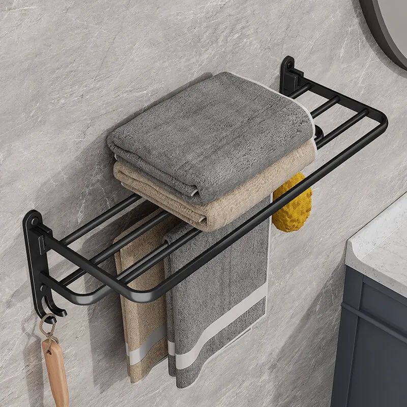 Matte Black Folding Towel Rack with Hook – 50cm Wall Mounted Aluminum Towel Holder