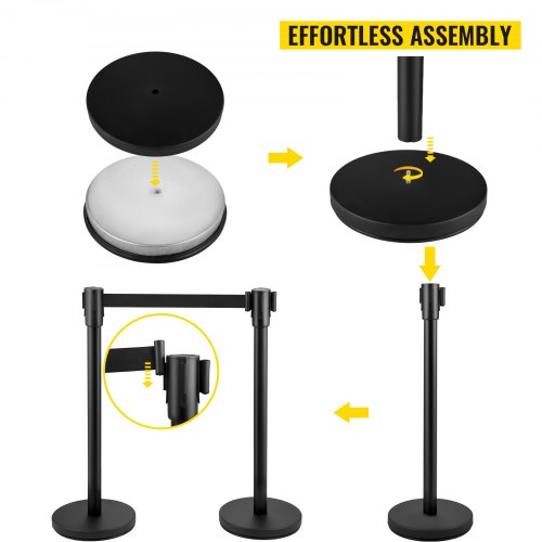 Crowd Control Stanchion, Black Retractable Belt Queue Barrier, Heavy-Duty Black Stanchion Posts w/ Concrete & Metal Base